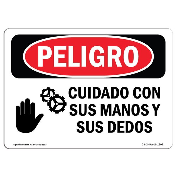 Signmission OSHA Danger, Watch Your Hands And Fingers Spanish, 5in X 3.5in Decal, 10PK, OS-DS-D-35-LS-1602-10PK OS-DS-D-35-LS-1602-10PK